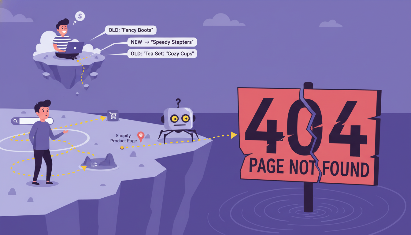 Customer following path to Shopify product page that ends at a 404 cliff edge