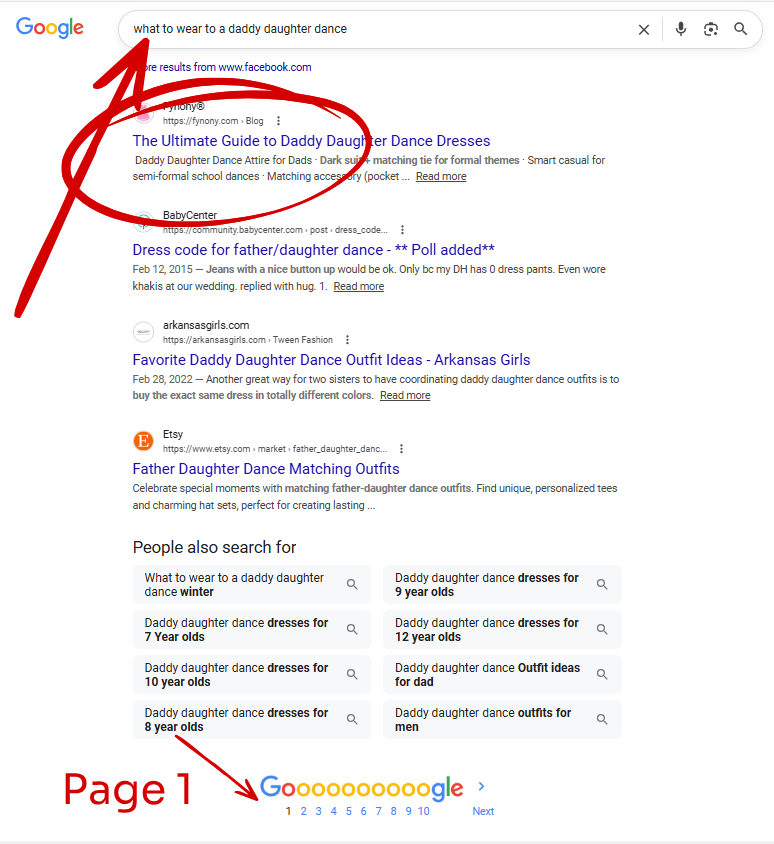 Google search results for 'what to wear to a daddy daughter dance' with Fynony's guide ranking first on page 1