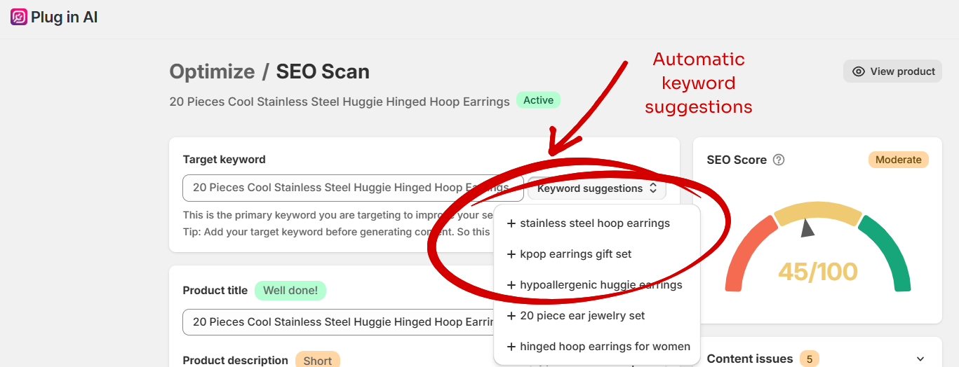 Plug In AI SEO Scan screen showing automatic keyword suggestions for a product
