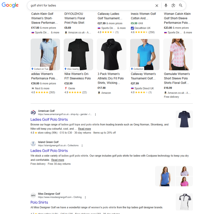 Google search results for a fashion query showing a shopping image grid above the organic listings