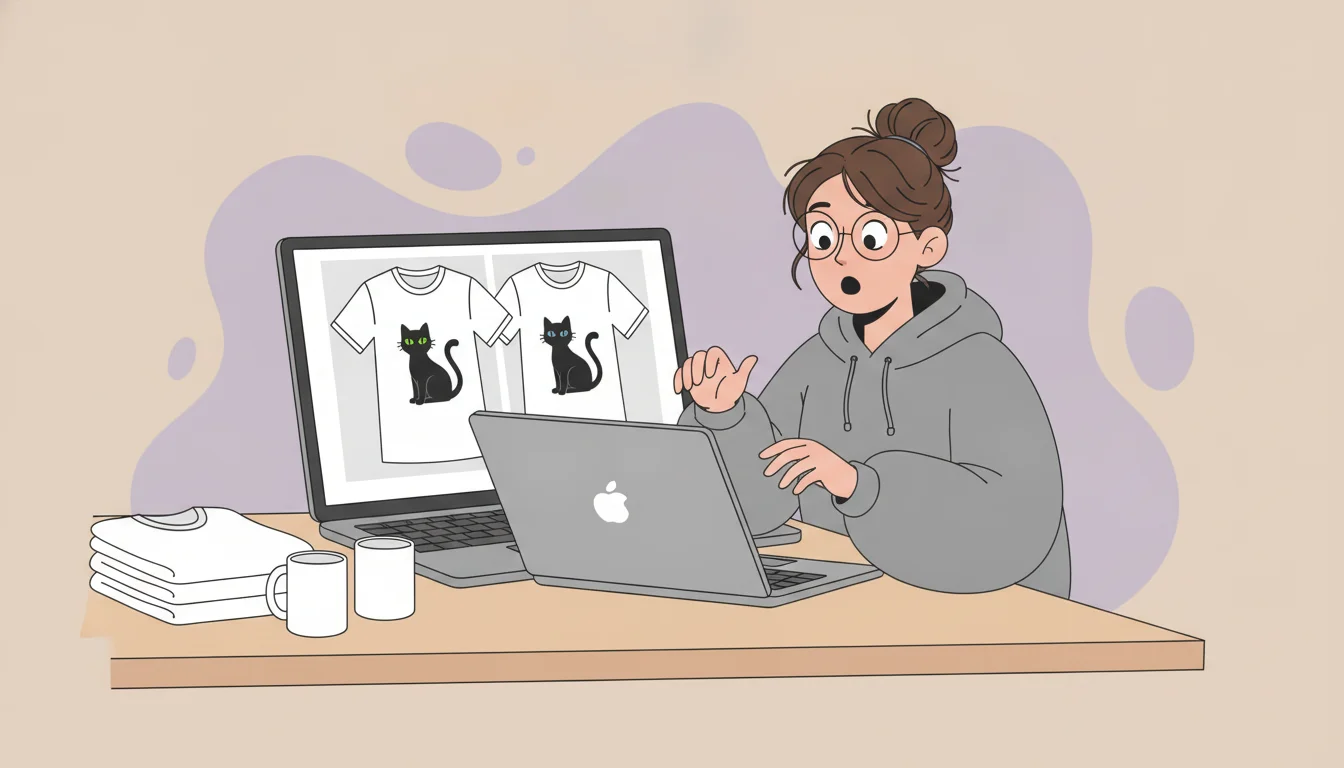 Shopify print-on-demand merchant looking startled at two identical t-shirt mockups compared side by side on a laptop screen