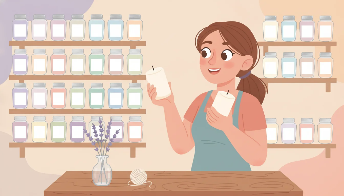 Shopify candle business owner comparing two nearly identical scented candles on a shelf of colorful jars