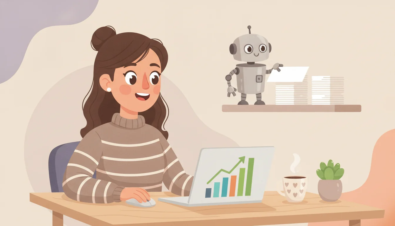 Shopify merchant reviewing a rising SEO performance chart while a robot assistant automates tasks in the background, illustrating the Plug In SEO vs SEOLab comparison