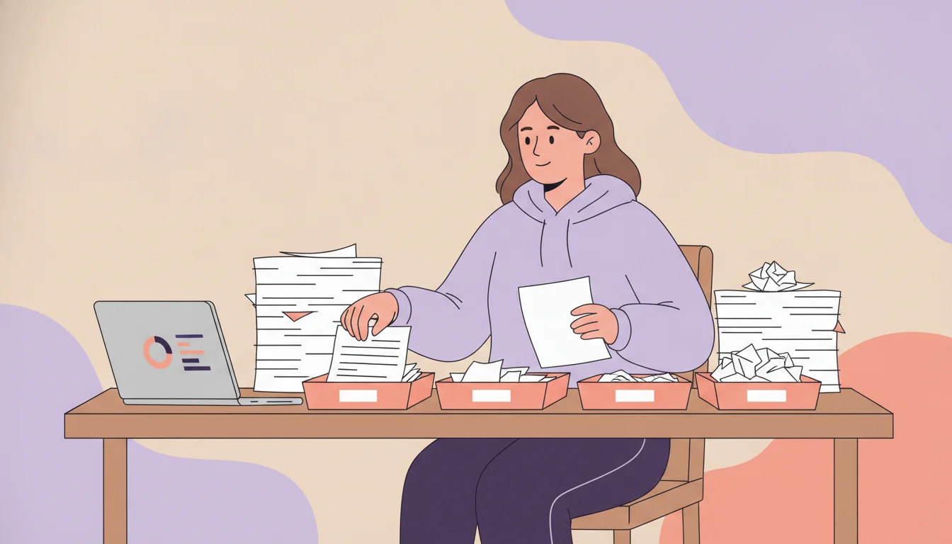 Shopify merchant sorting a backlog of pages into keep, merge, and delete piles for content pruning