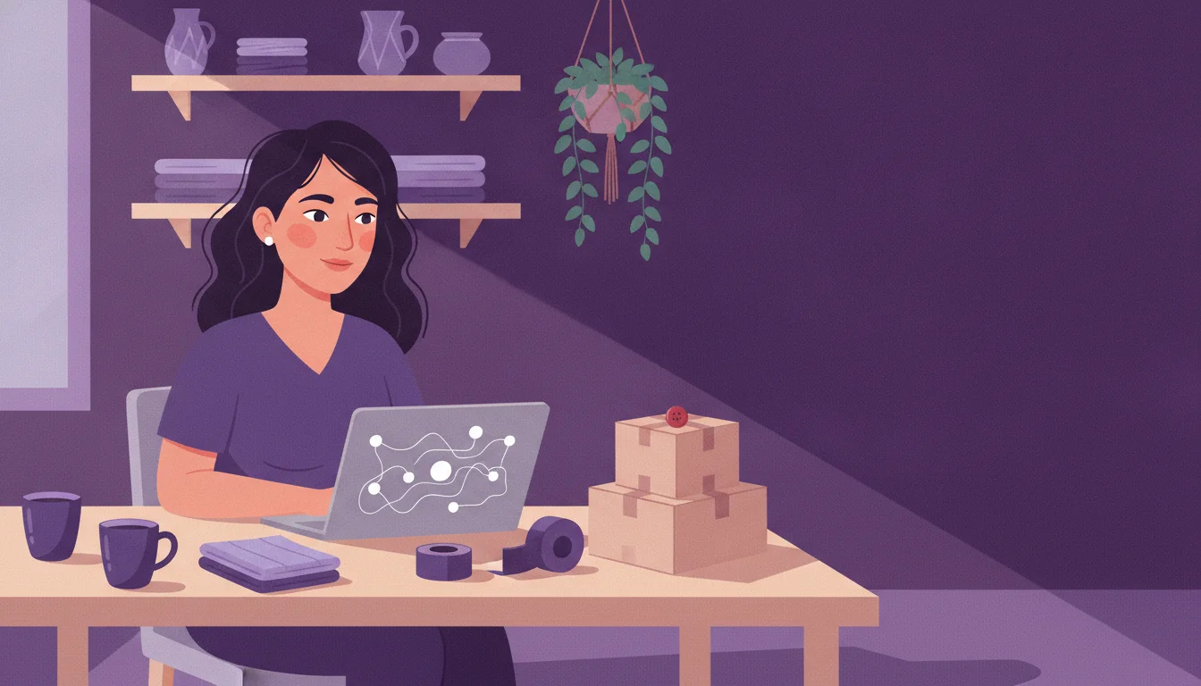 Shopify store owner reviewing her store contact and returns policy pages on a laptop at a workbench