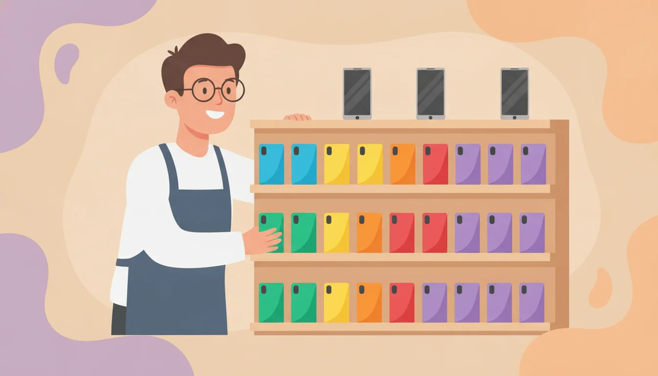 Shopify SEO for phone accessories: a merchant arranging phone cases by device model on a shelf
