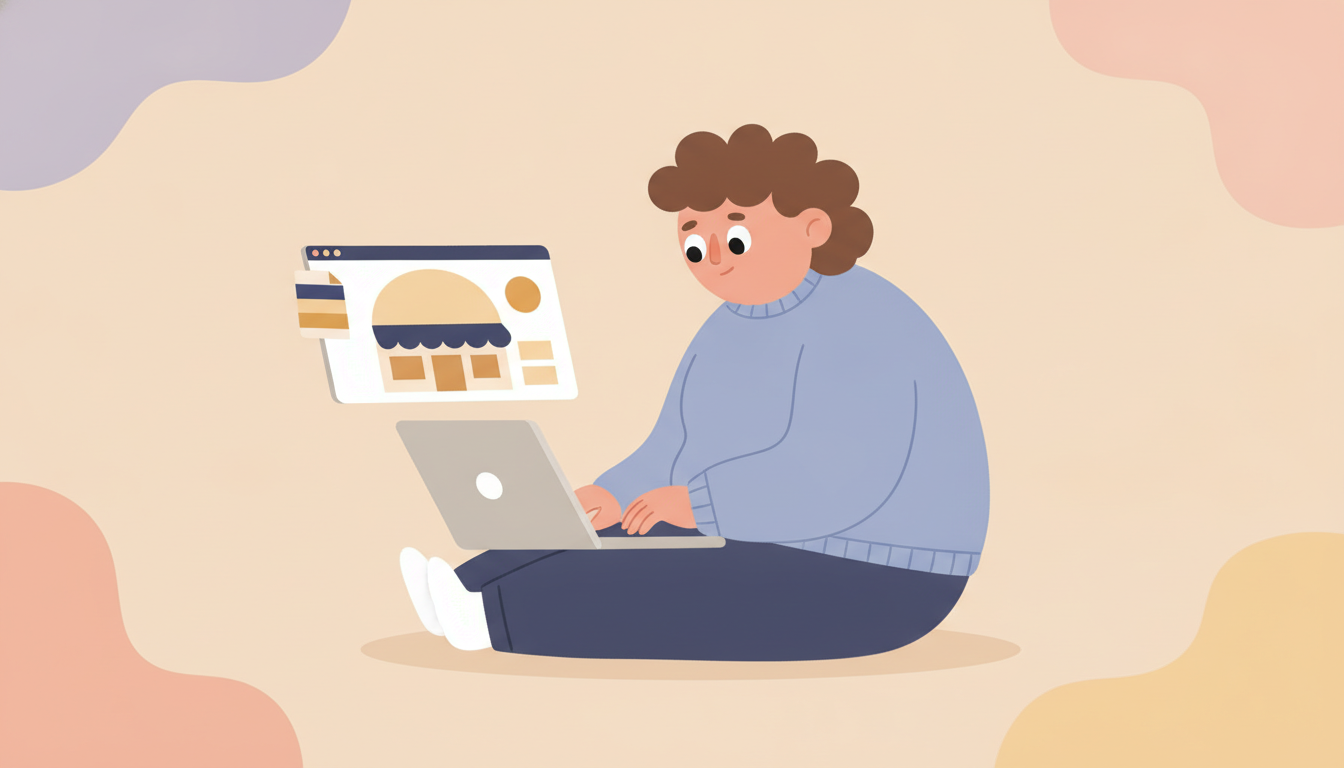 Illustration of a person reviewing a German-language storefront on a laptop, representing shopify seo in Germany
