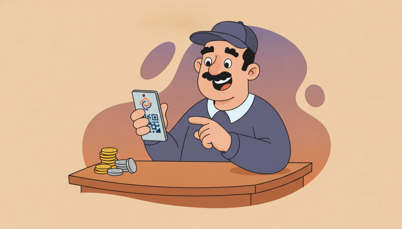 Shopify seo in india: merchant looking at a smartphone with a UPI-style payment QR code, coins on the desk