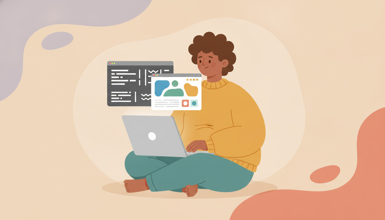 Illustration of a person comparing raw HTML and rendered content on a laptop, representing shopify javascript rendering seo