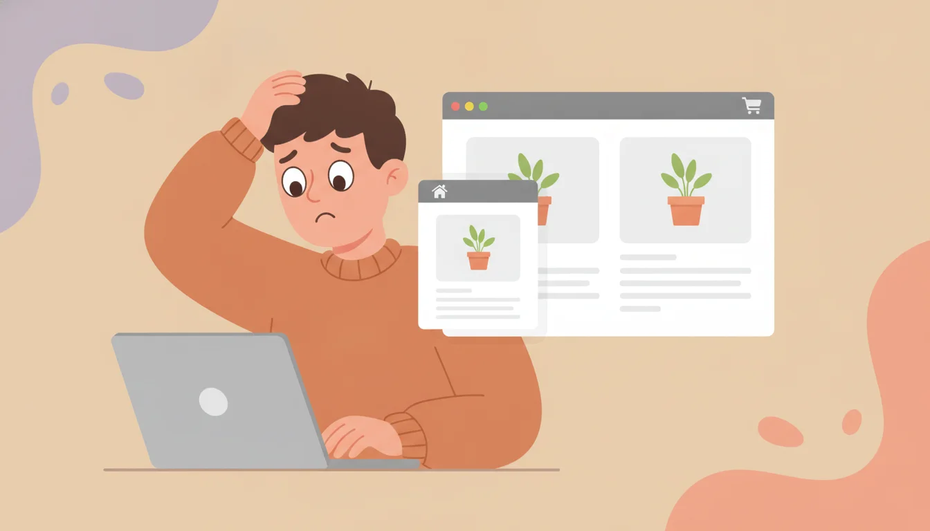Shopify marketplace duplicate content: merchant puzzled at a laptop comparing their store listing to a marketplace listing