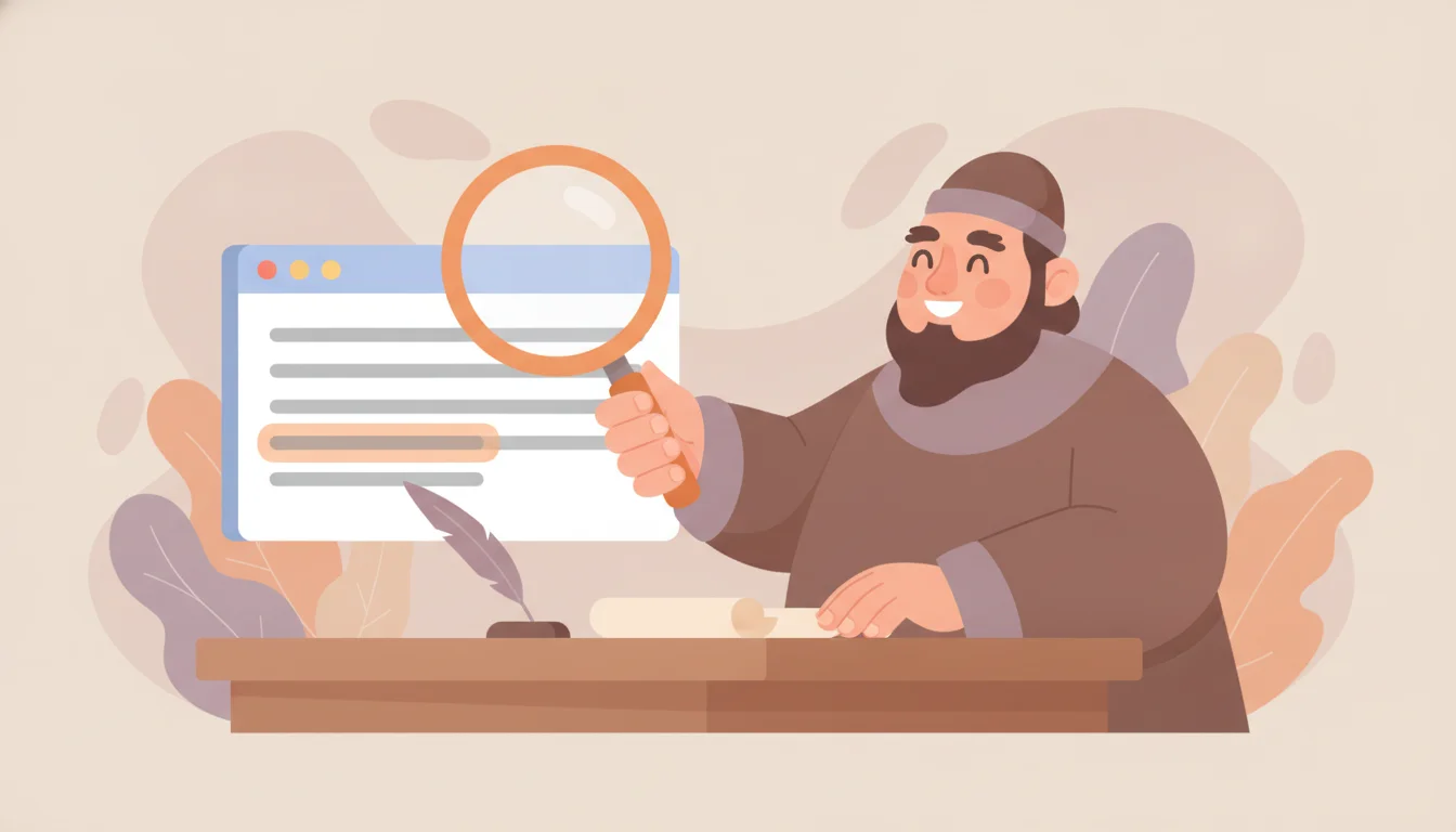 Title tag checker: merchant examining a browser mockup with a magnifying glass, one line of text highlighted