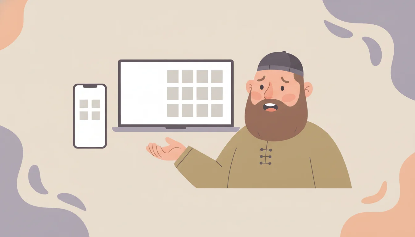 Mobile seo strategy: merchant looking at a phone screen with fewer content blocks than the laptop screen beside it