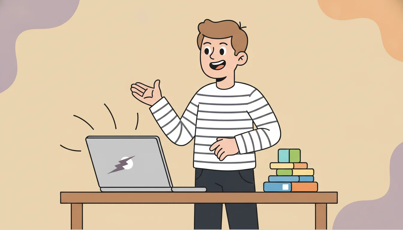 Fastest shopify themes: merchant delighted by a laptop with speed lines and a lightning bolt, app icon boxes on the desk