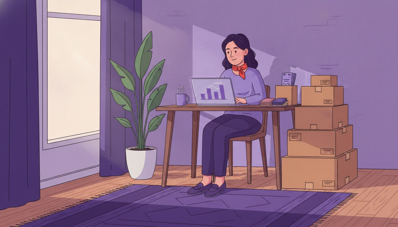 Shopify store owner comparing the best free Shopify apps on a laptop in a home workspace, with shipping boxes stacked beside the desk