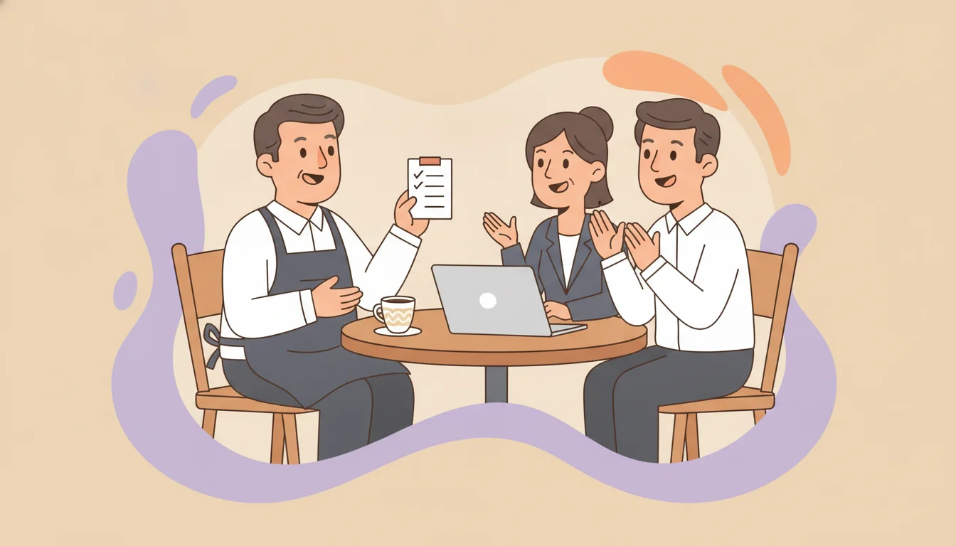 Shopify merchant interviewing a Shopify SEO agency across a desk with a checklist between them
