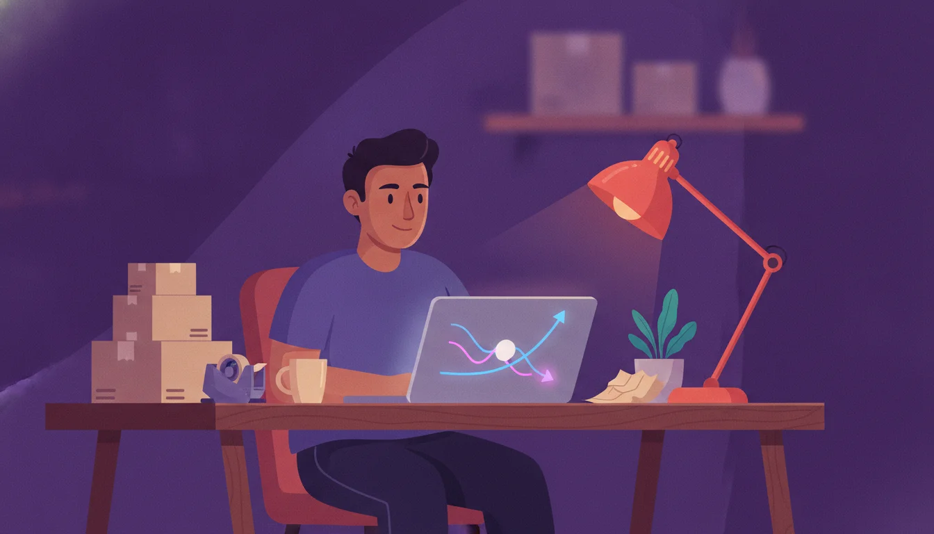 A merchant at a desk studying an analytics dashboard where one traffic line drops and another rises